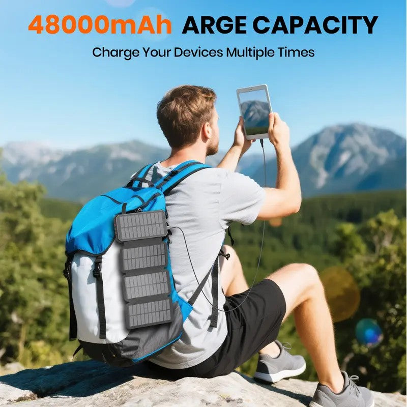 48000mAh Solar Power Bank with Built-In Cables & Wireless Charging